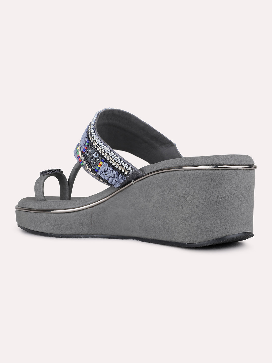 Womens Grey Ethnic Embellished Pointed Toe Wedge Heels