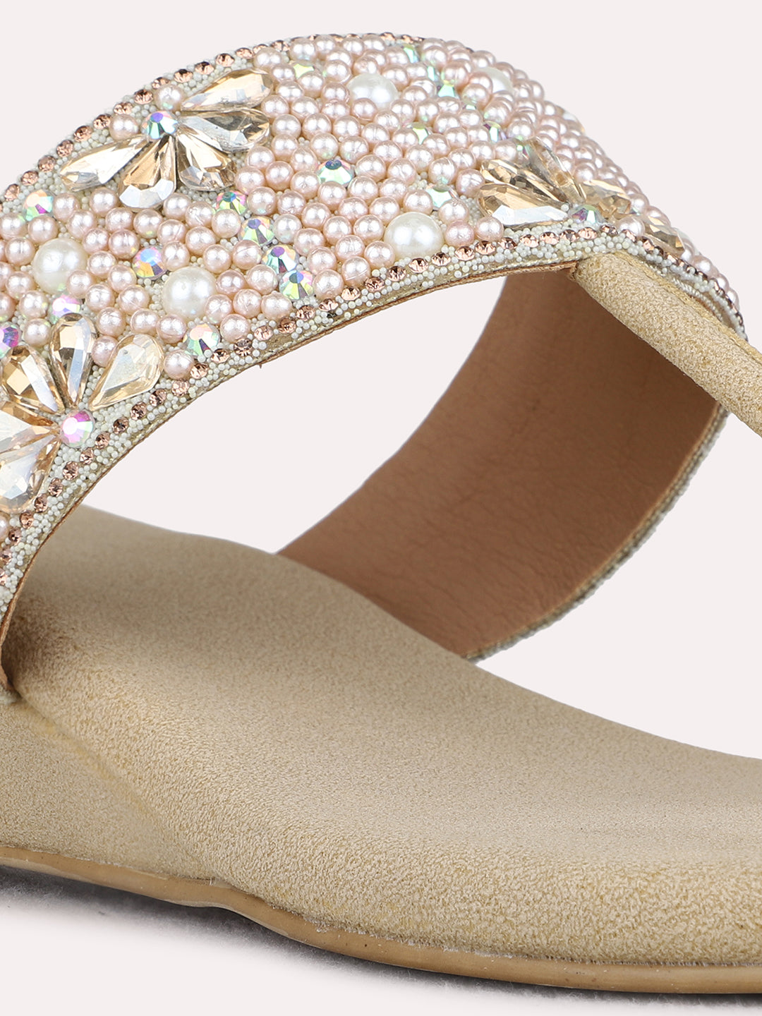 Womens Beige Party Wear Embellished Pattern Round Toe Wedge Heels