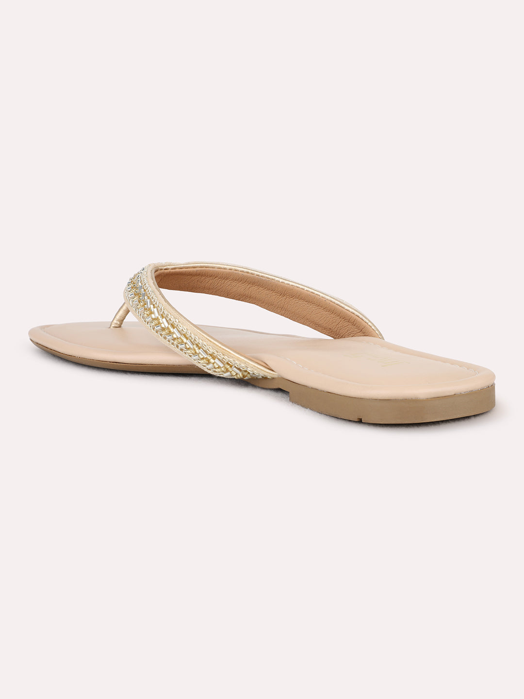 Womens Golden Ethnic Wear Textured T-Strap Flat Sandals