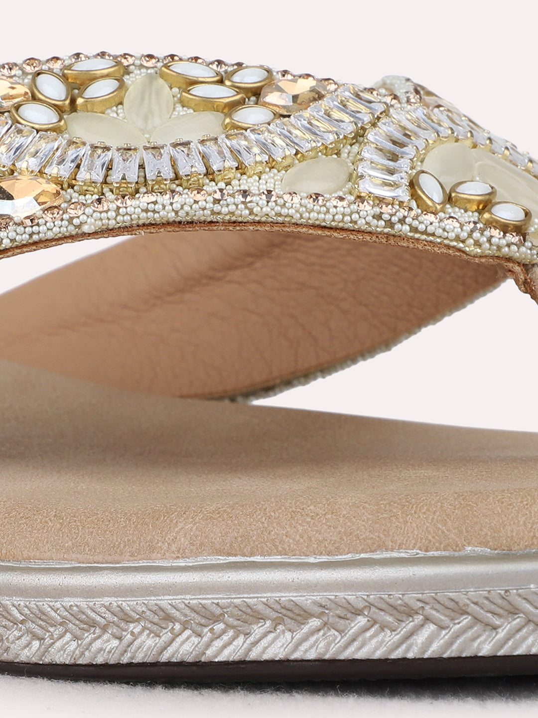 Womens Beige Casual Embellished T-Strap Flats