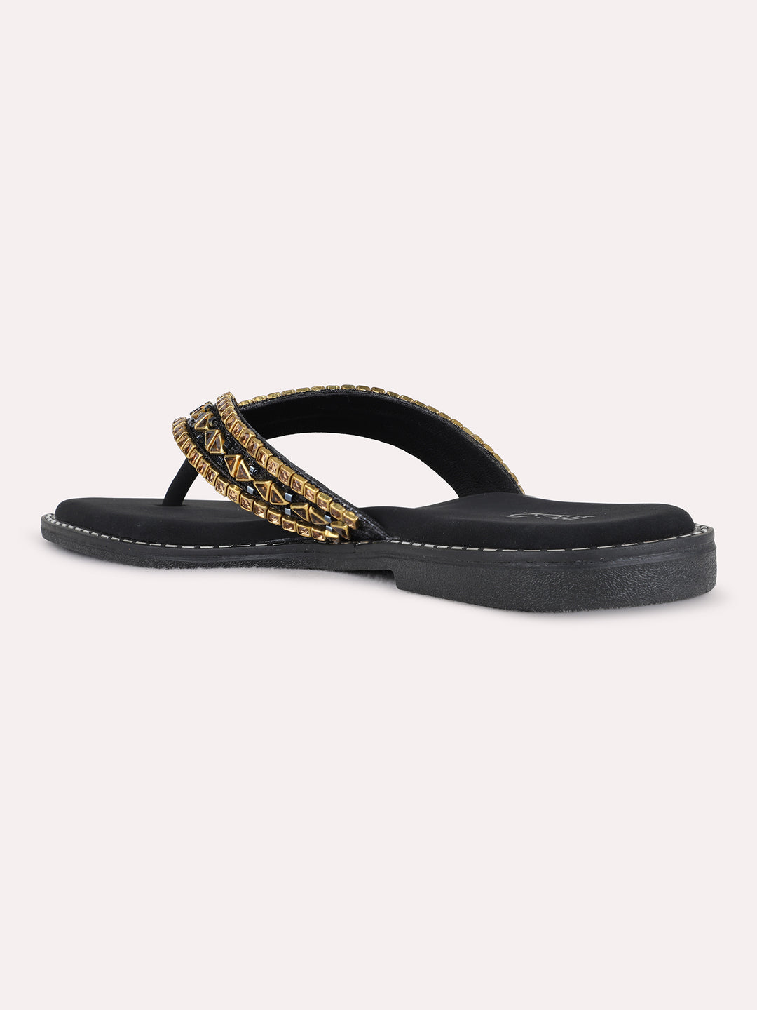 Womens Black Ethnic Embellished T-Strap Flat Slip-On Sandals