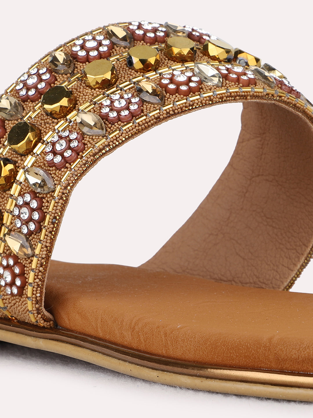 Womens Golden Ethnic Embellished T-Strap Flat Slip-On Sandals