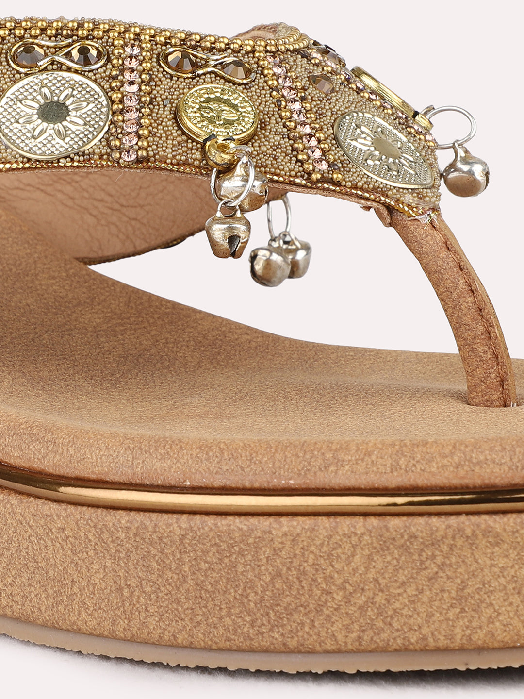 Womens Golden Ethnic Embellished Round Toe Wedge Heels