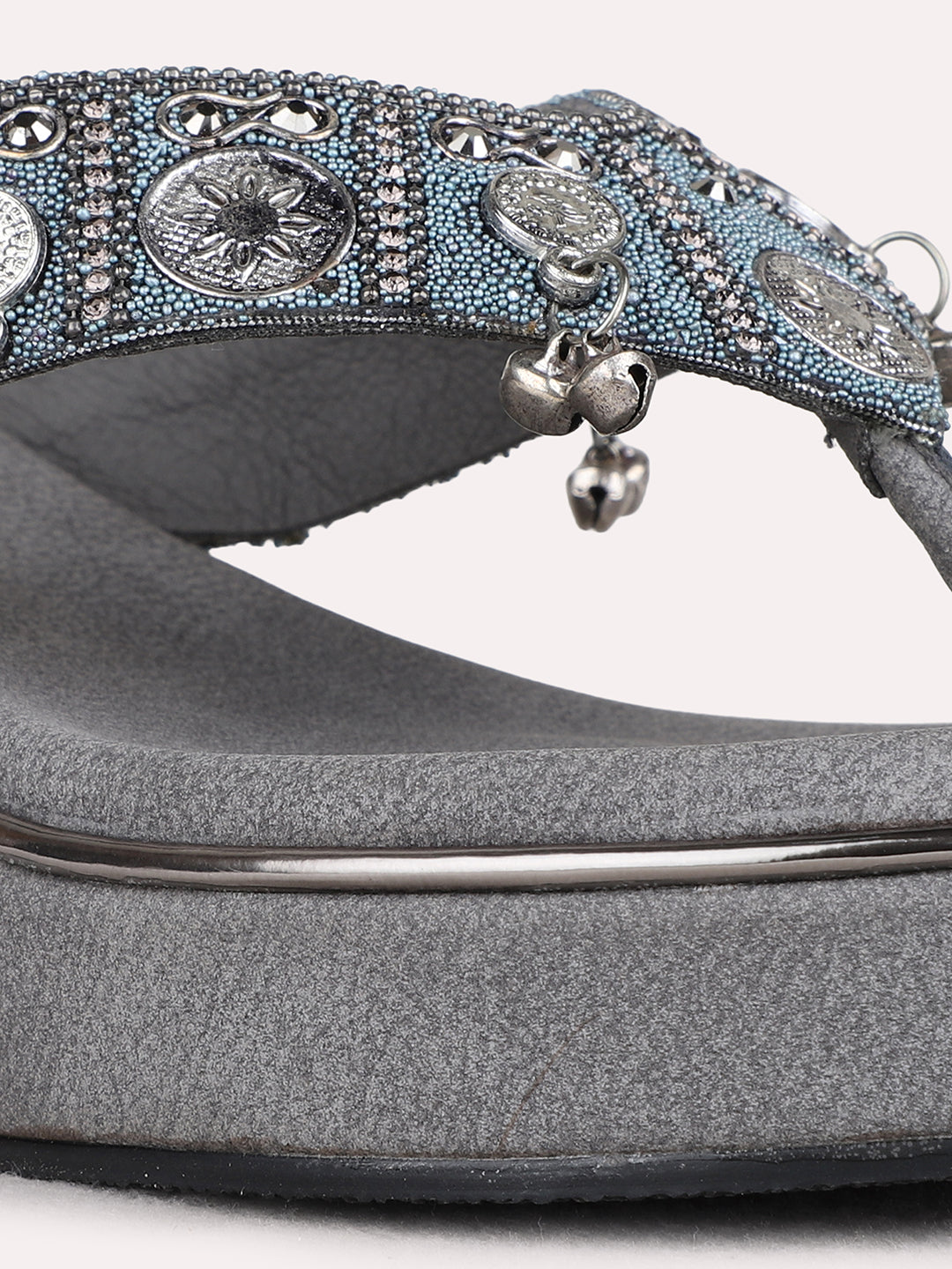 Womens Grey Party Wear Embellished Round Toe Wedge Heels