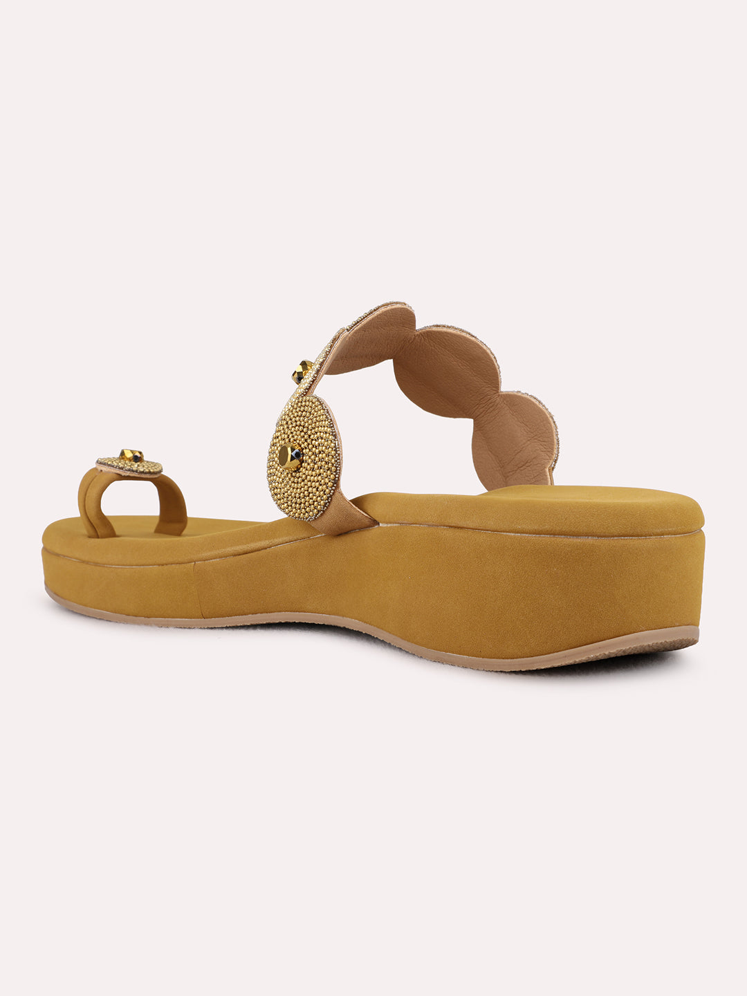 Womens Golden Casual Embellished Round Toe Wedge Heel Sandals