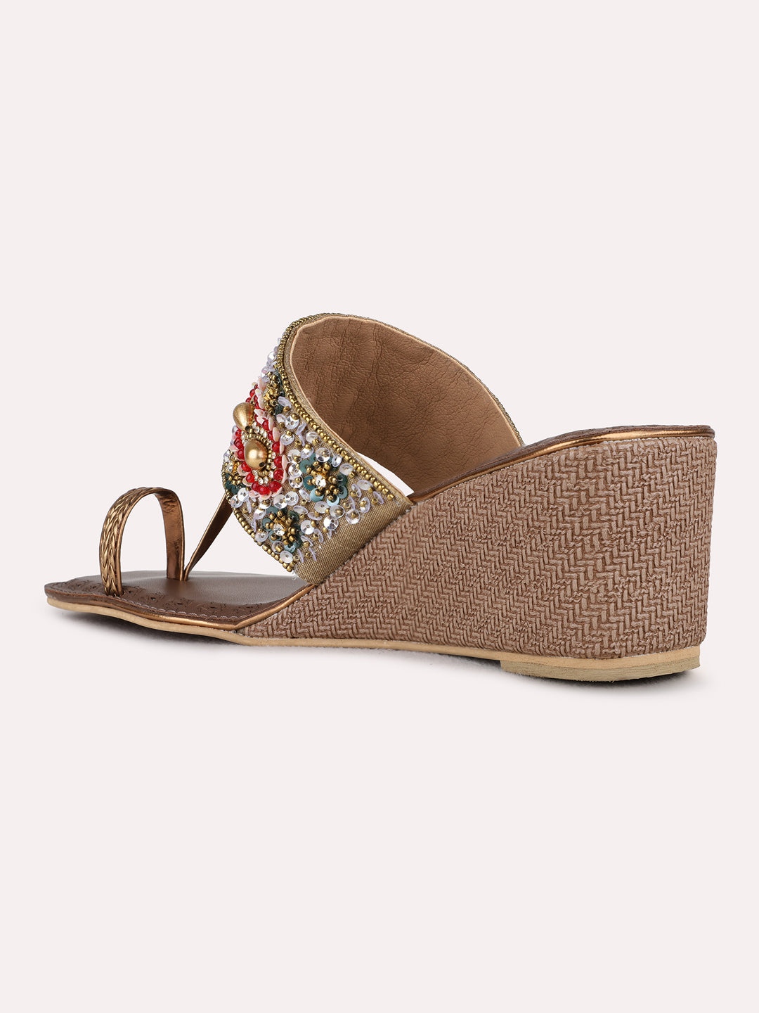 Womens Golden Ethnic Embellished Round Toe Wedge Heel Sandals