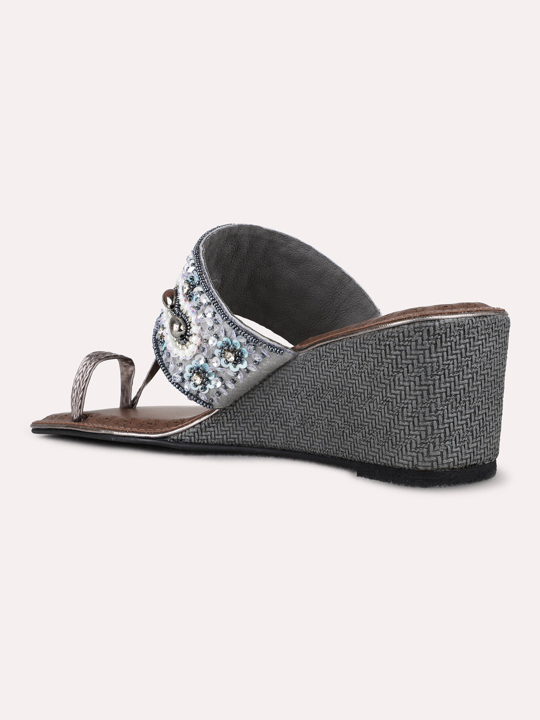 Womens Pewter Ethnic Embellished Round Toe Wedge Heel Sandals
