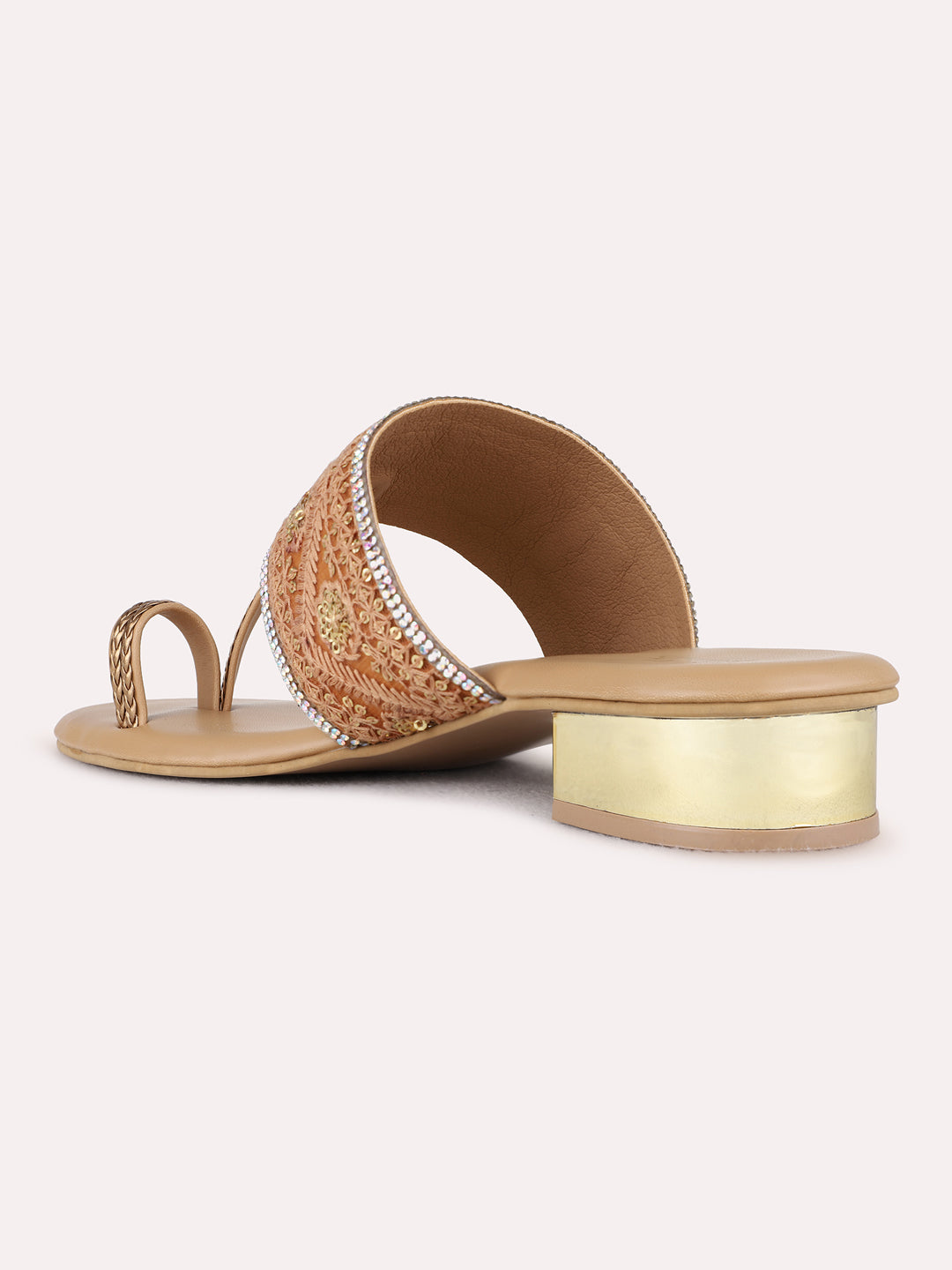 Womens Beige Ethnic Embellished Round Toe Block Heel Sandals