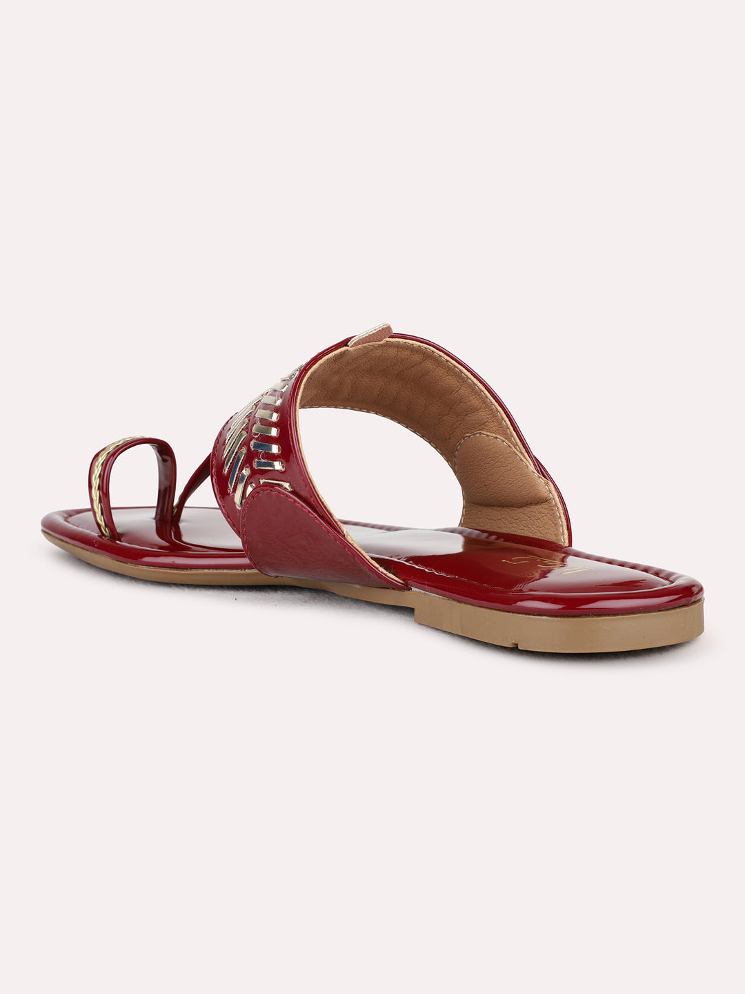 Womens Maroon Casual Textured One Toe Flat Sandals