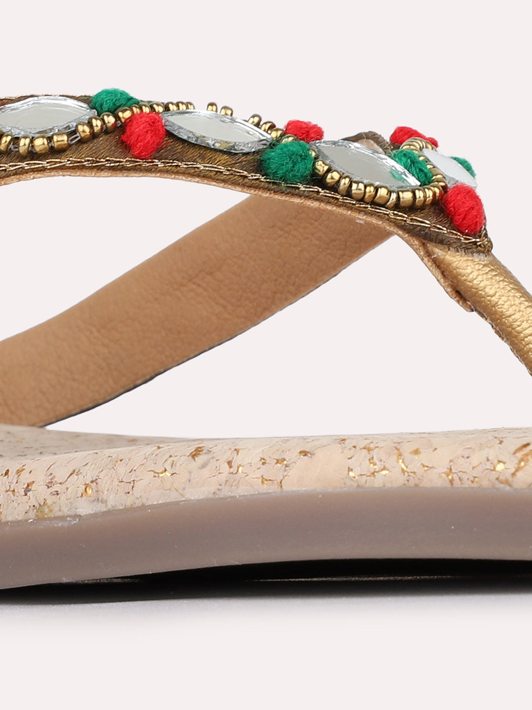 Womens Golden Ethnic Embellished T-Strap Slip-On Flats