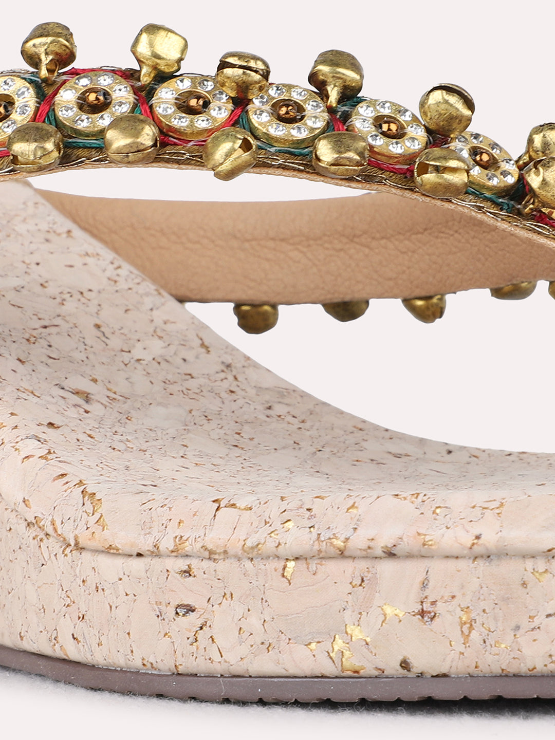 Womens Golden Ethnic Embellished Round Toe Wedges