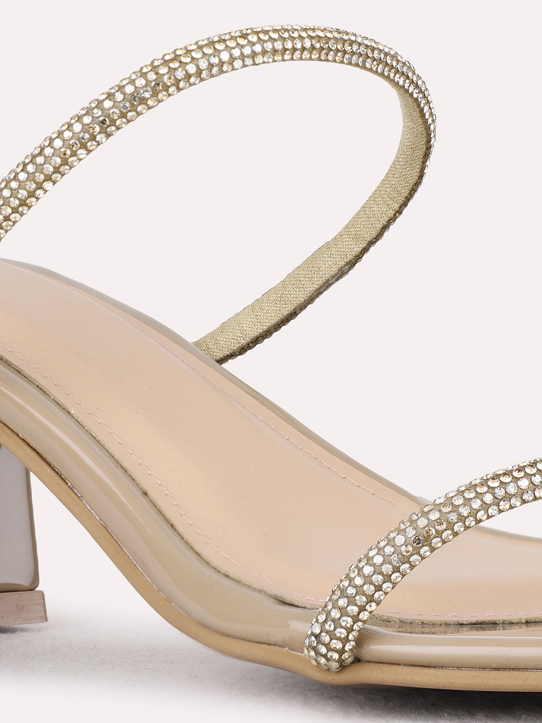 Womens Beige Party Wear Embellished Round Toe Block Heels