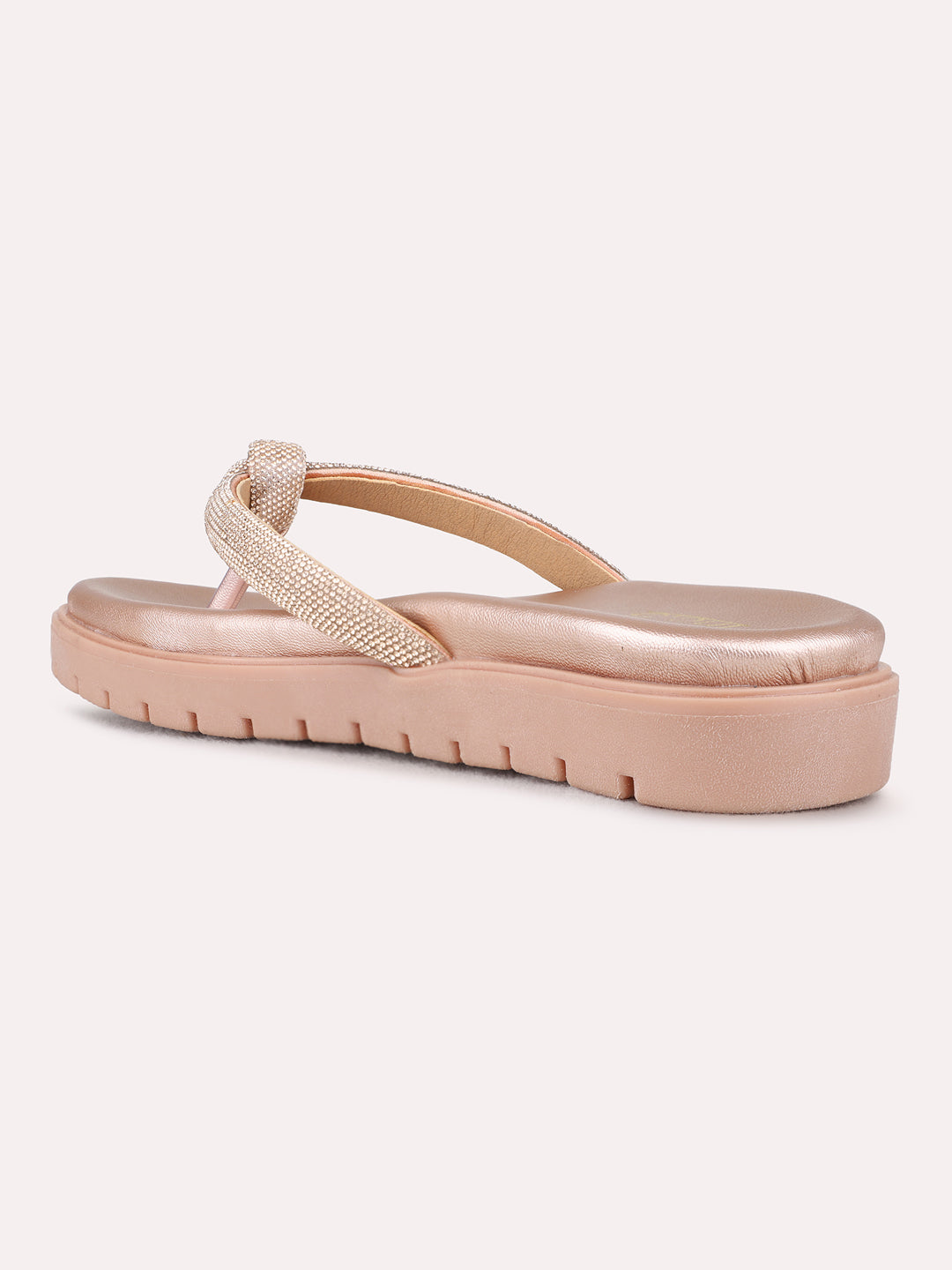 Womens Rose Gold Ethnic Embellished T-Strap Flat Slip-On Sandals