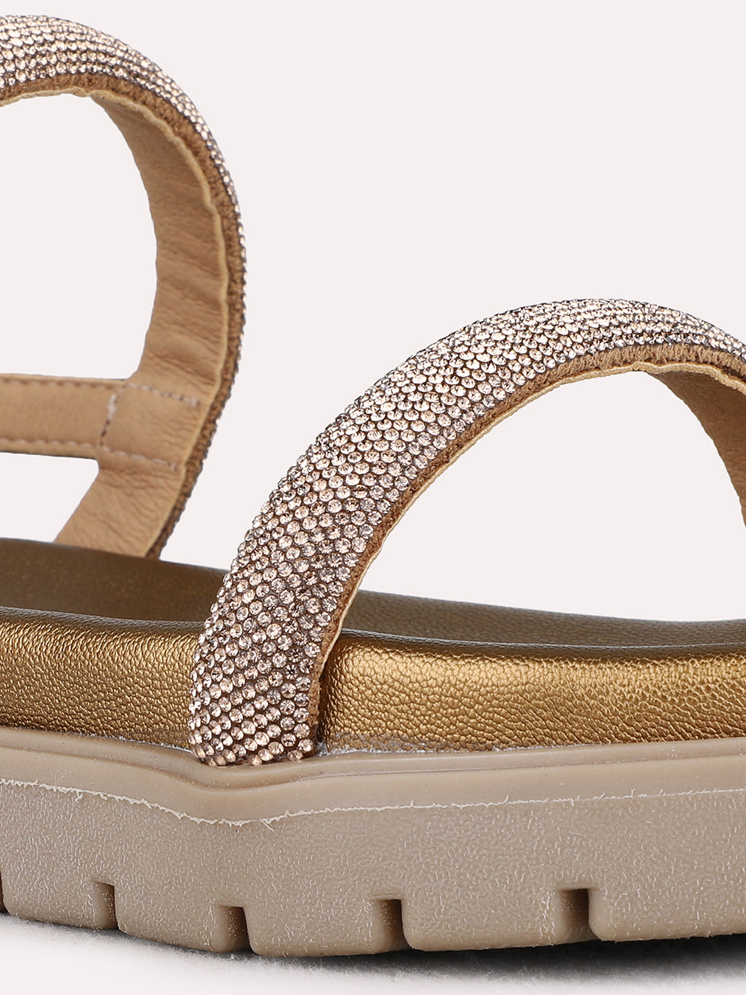 Womens Golden Ethnic Embellished Open Toe Flats