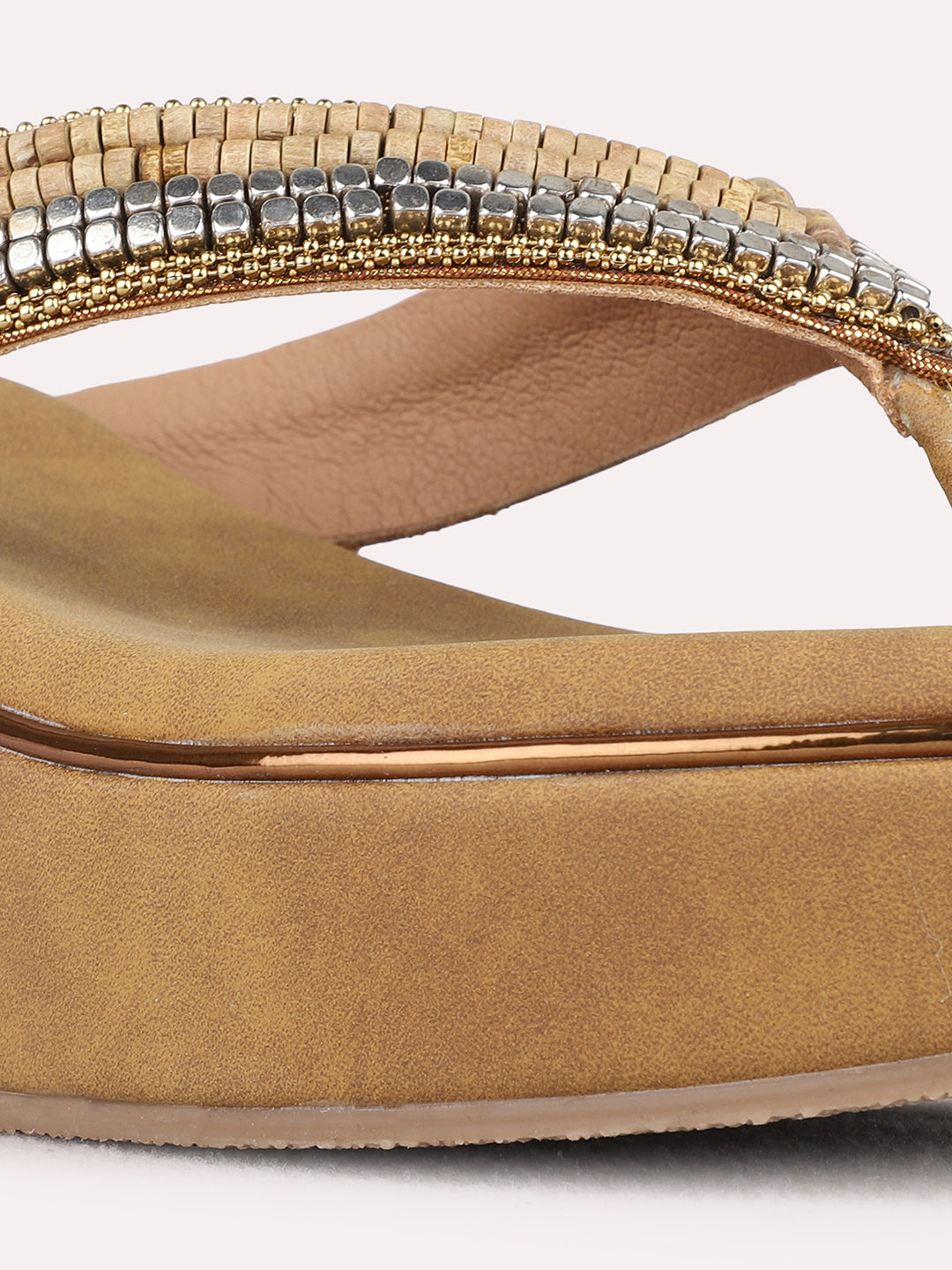 Womens Golden Ethnic Embellished Pattern Round Toe Wedges