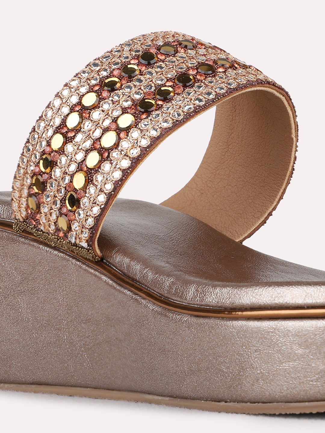 Womens Golden Ethnic Embellished Round Toe Wedges