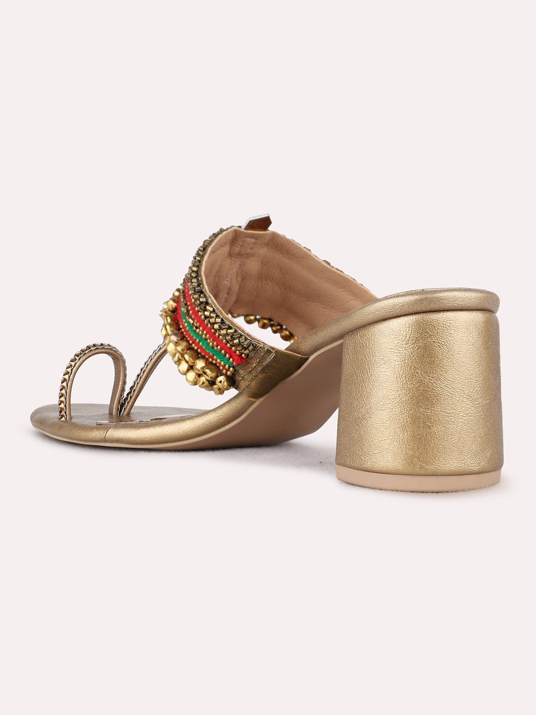 Womens Golden Embellished Ethnic Round Toe Block heels
