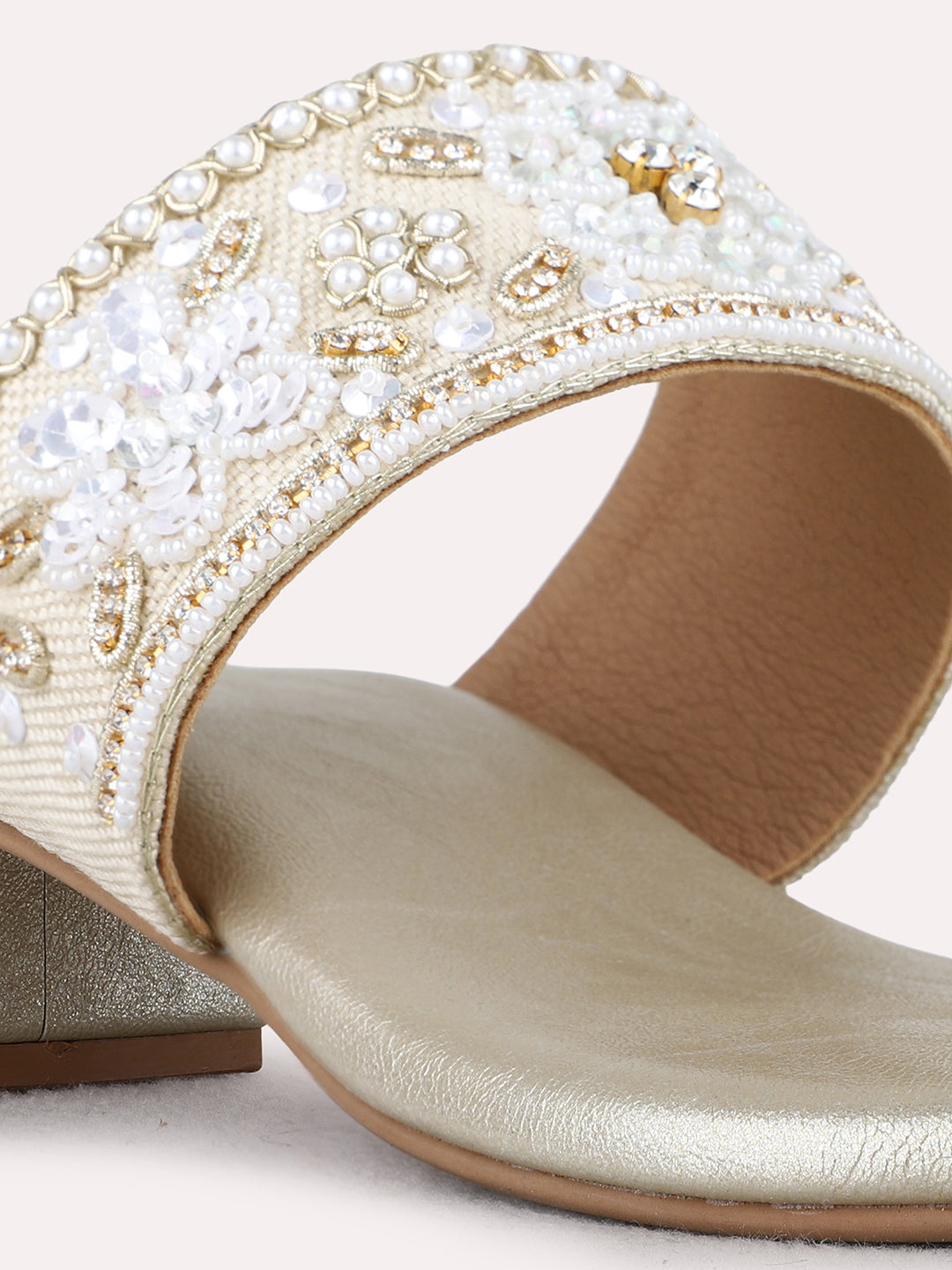 Womens Golden Ethnic Embellished Round Toe Block Heels