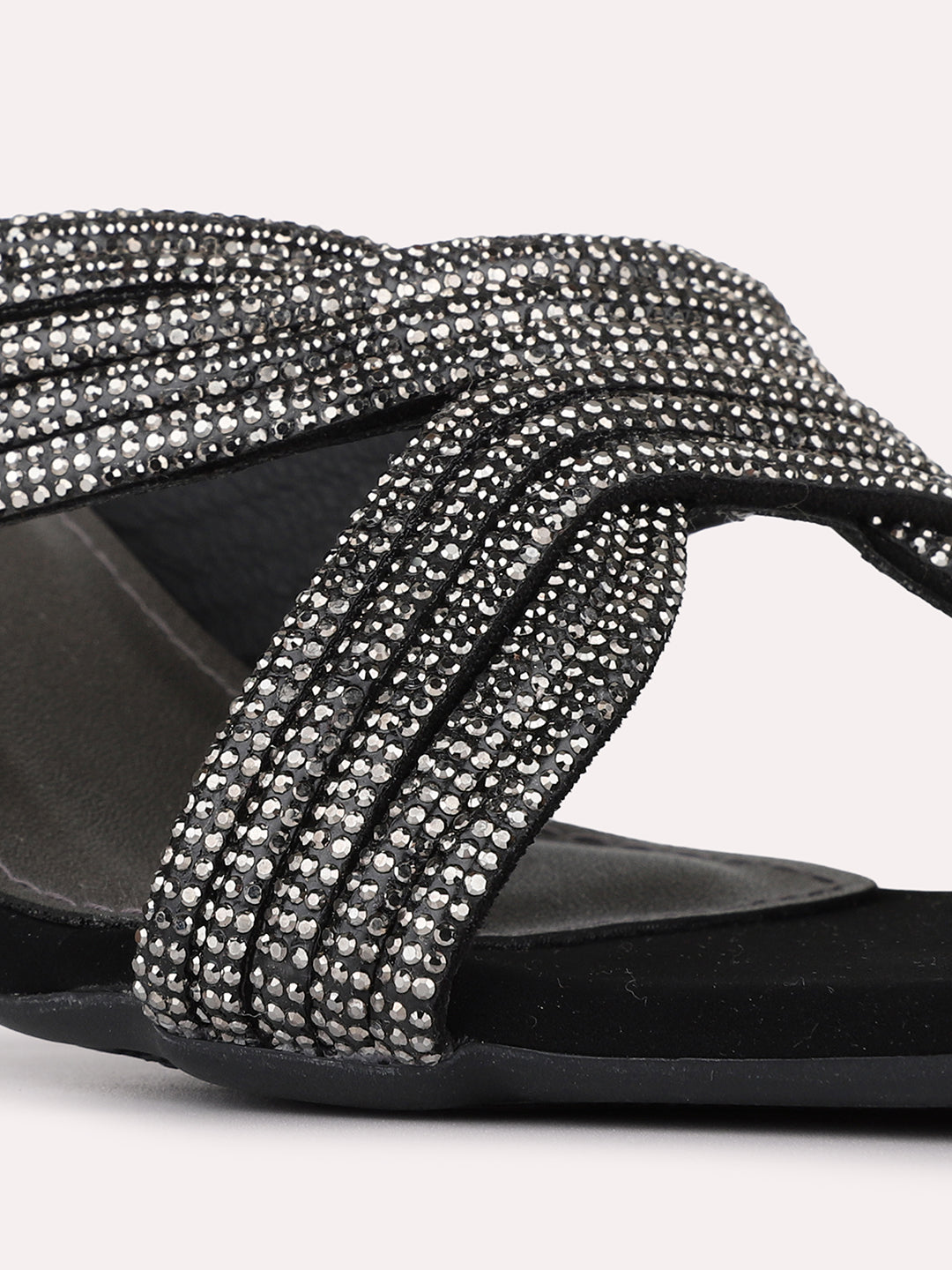 Womens Black Party Wear Embellished Round Toe Block Heels