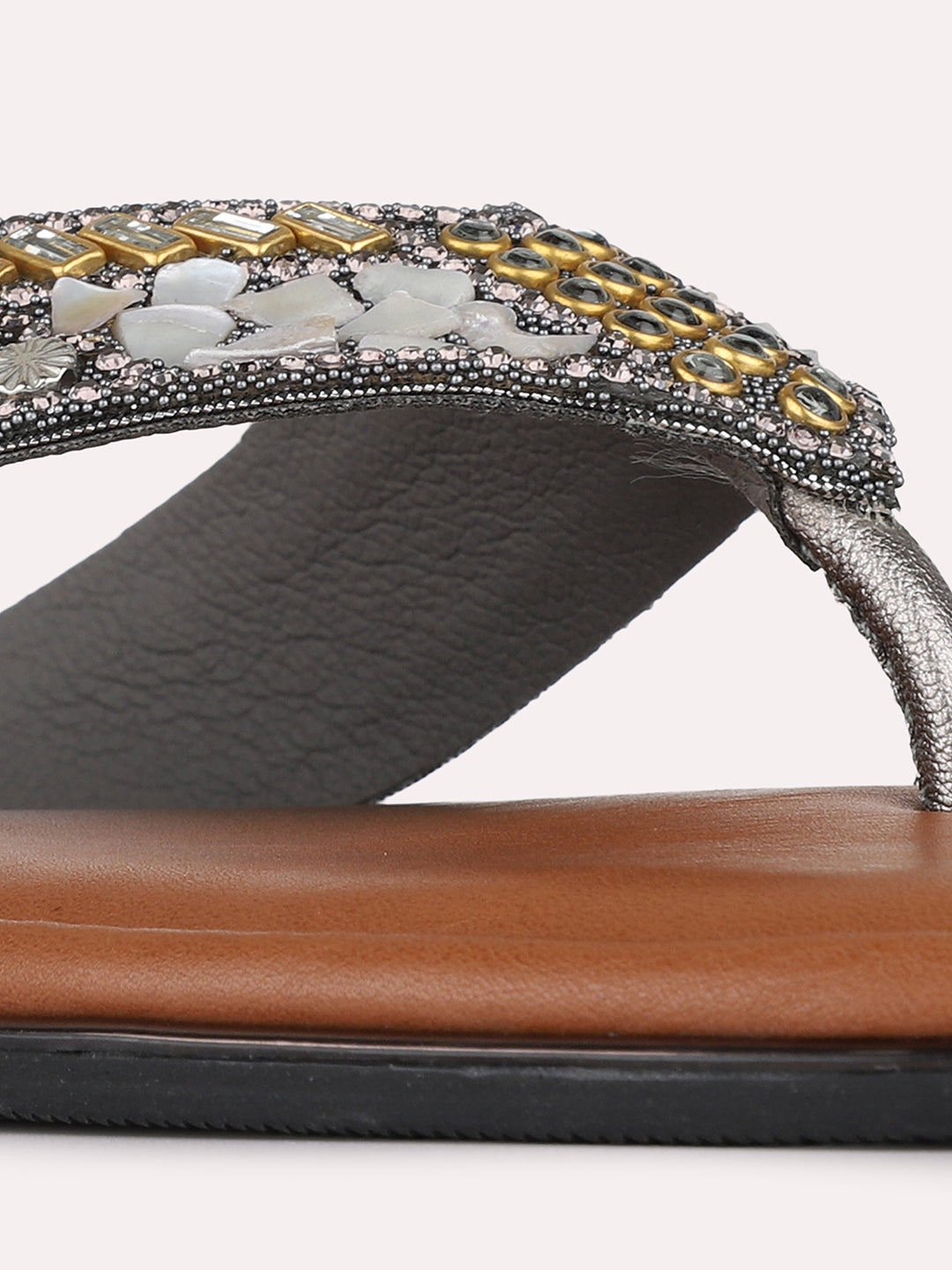 Womens Pewter Ethnic Embellished T-Strap Slip-On Flats