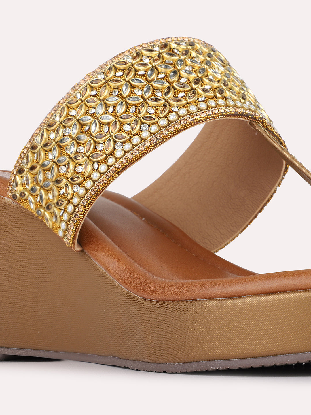 Womens Golden Ethnic Embellished Pattern Round Toe Wedges