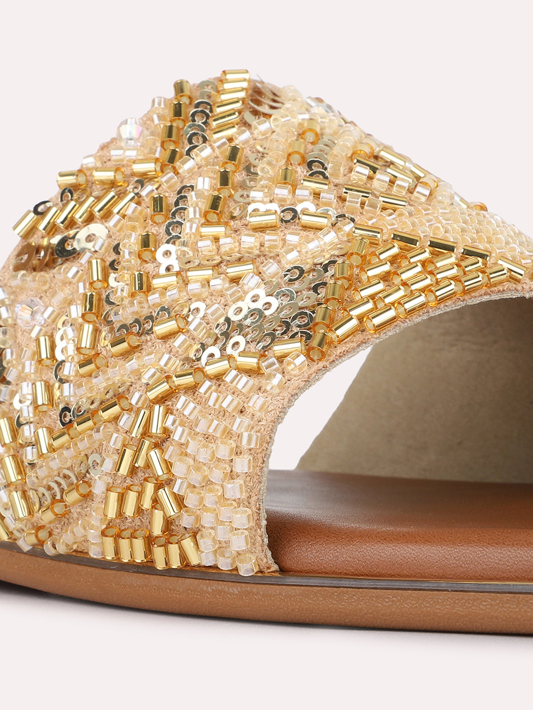 Womens Golden Ethnic Embellished Square Toe Flat Slip-Ons