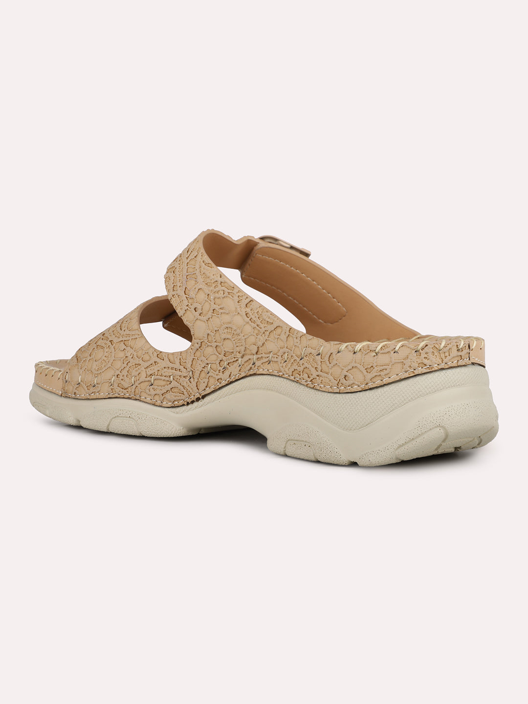 Women Beige Casual Solid Open Toe Slip-On Flat Sandals
