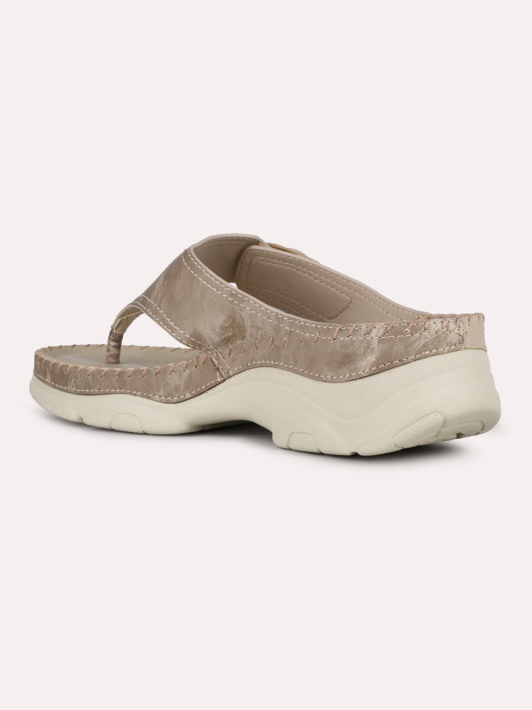 Women Beige Casual Embellished Round Toe Flatform Heel Sandals