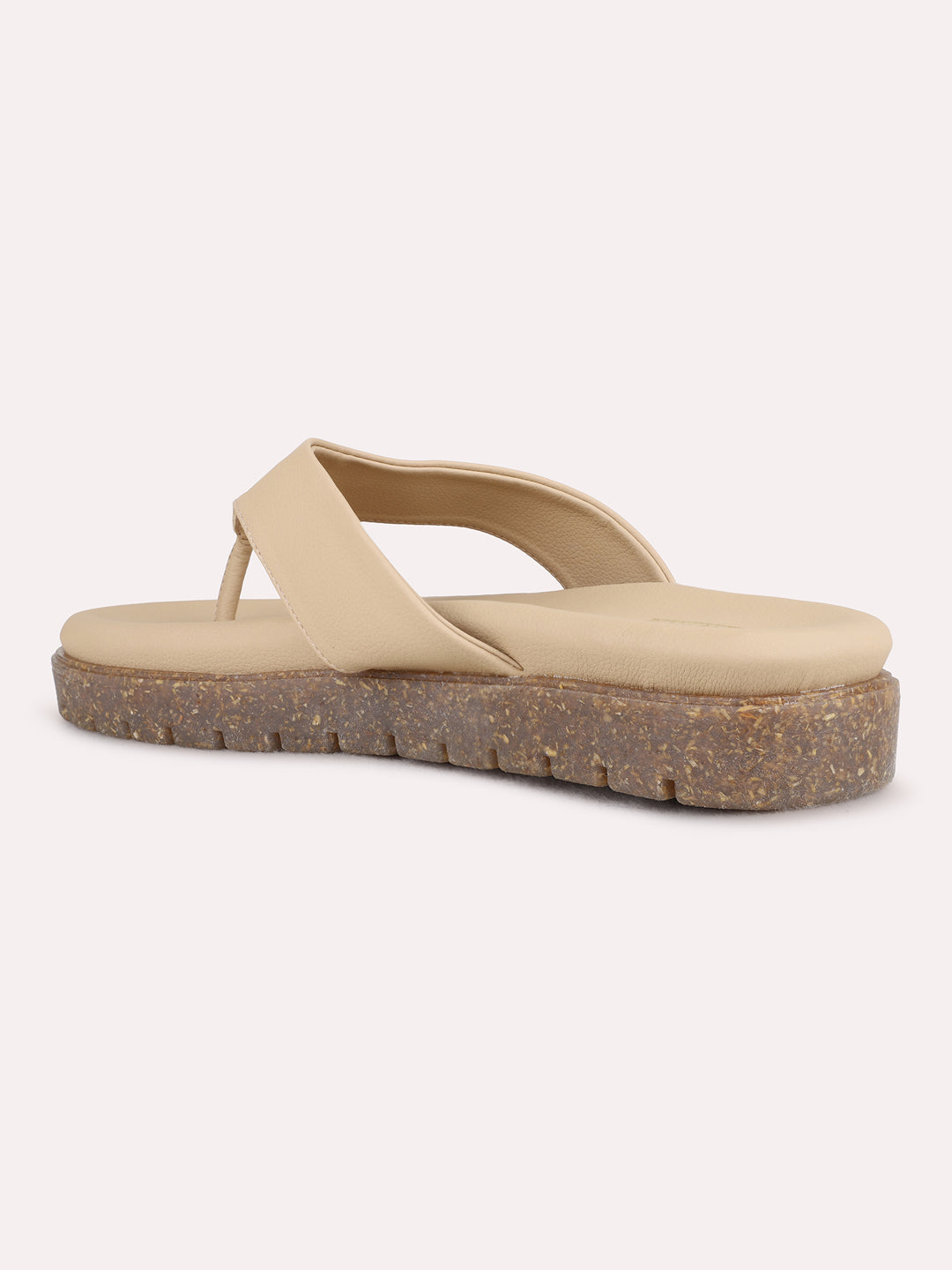 Womens Beige Casual Solid T-Strap Flats