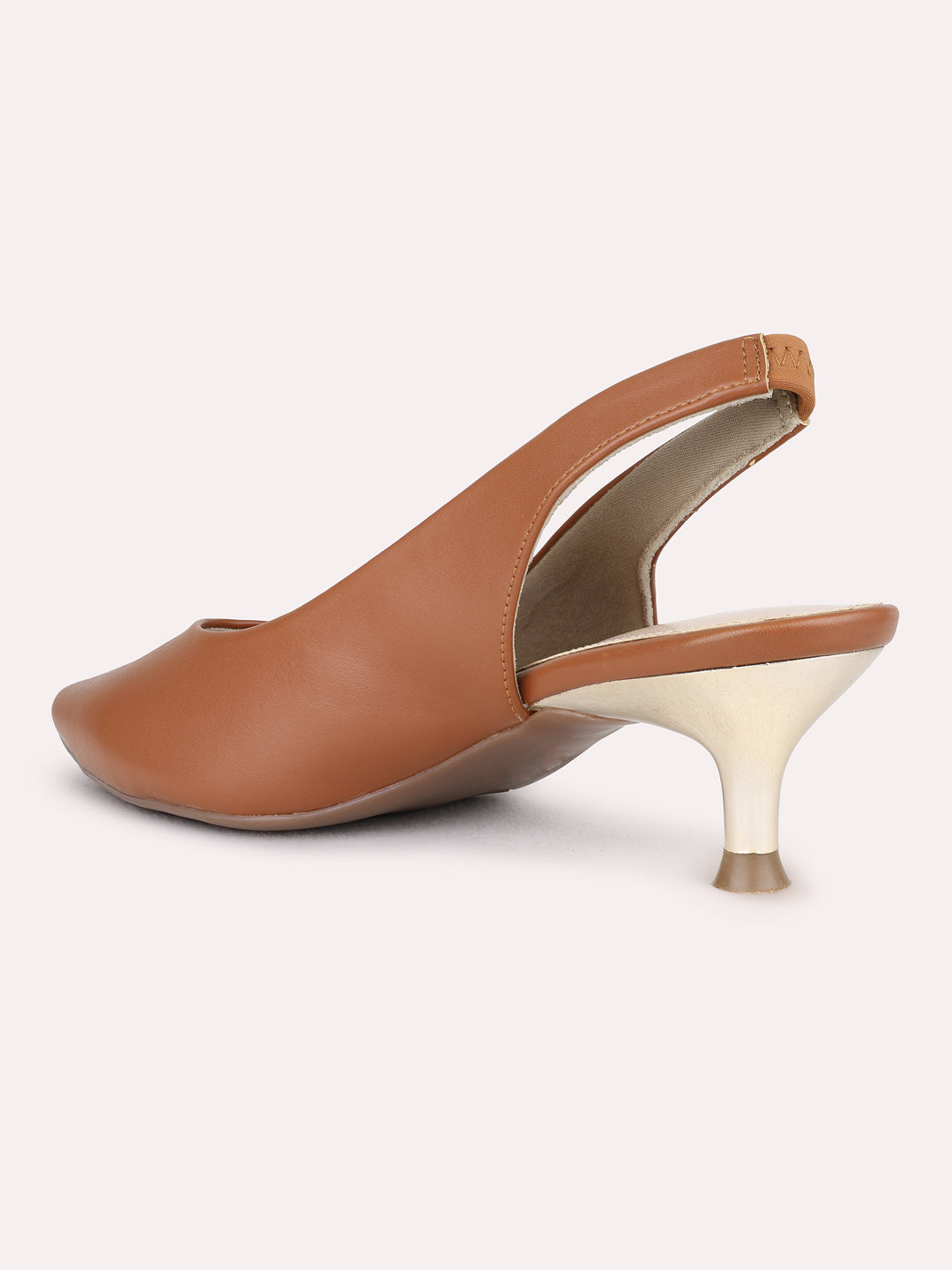 Womens Tan Party Wear Solid Pointed Kitten Heel Pumps