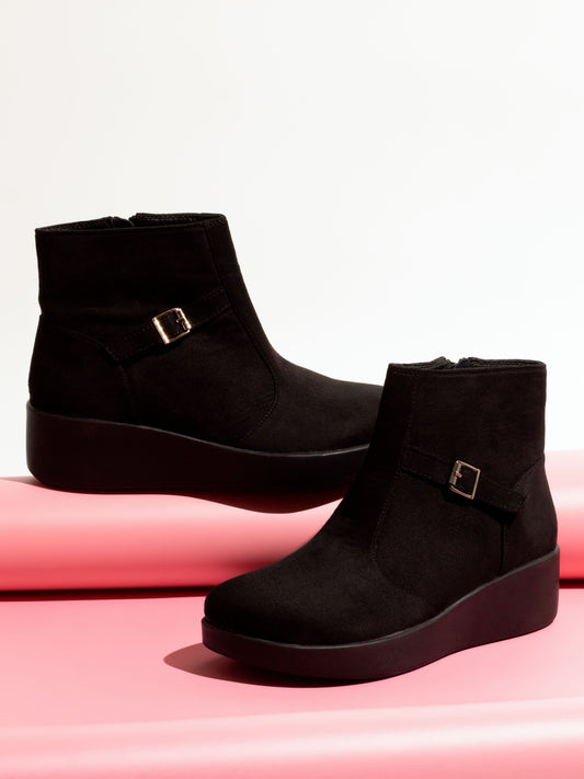 Women Black Suede upper Ankle-Length Boots with Zip Closure