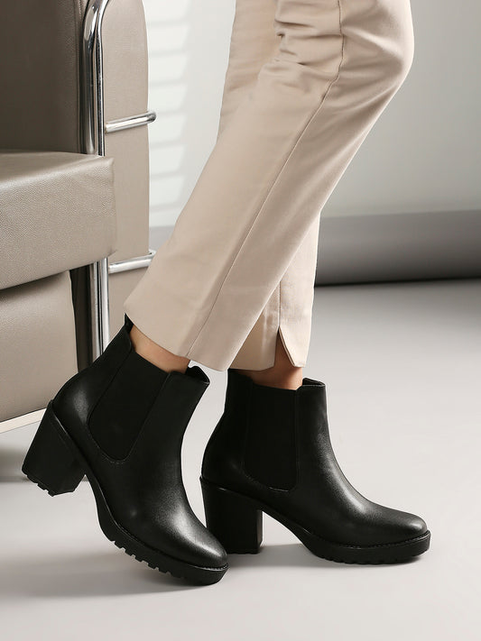 Women Black Mid Top Block-Heel Regular Boots
