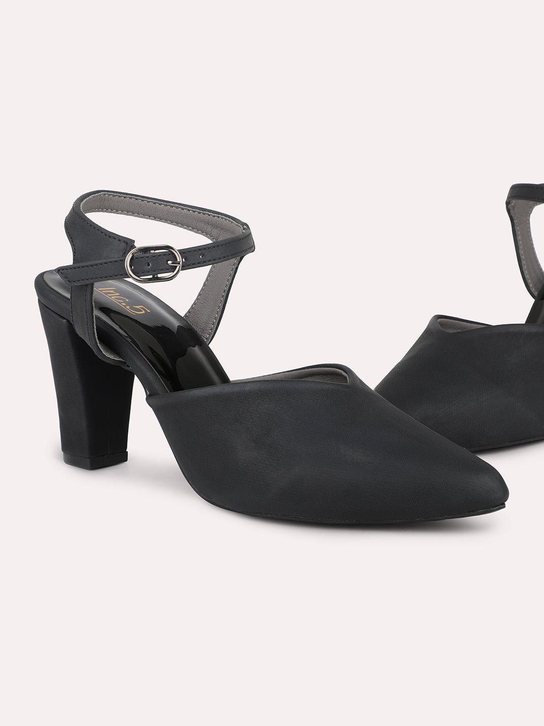 Women Black Pointed Toe Block Mules With Buckle Closure