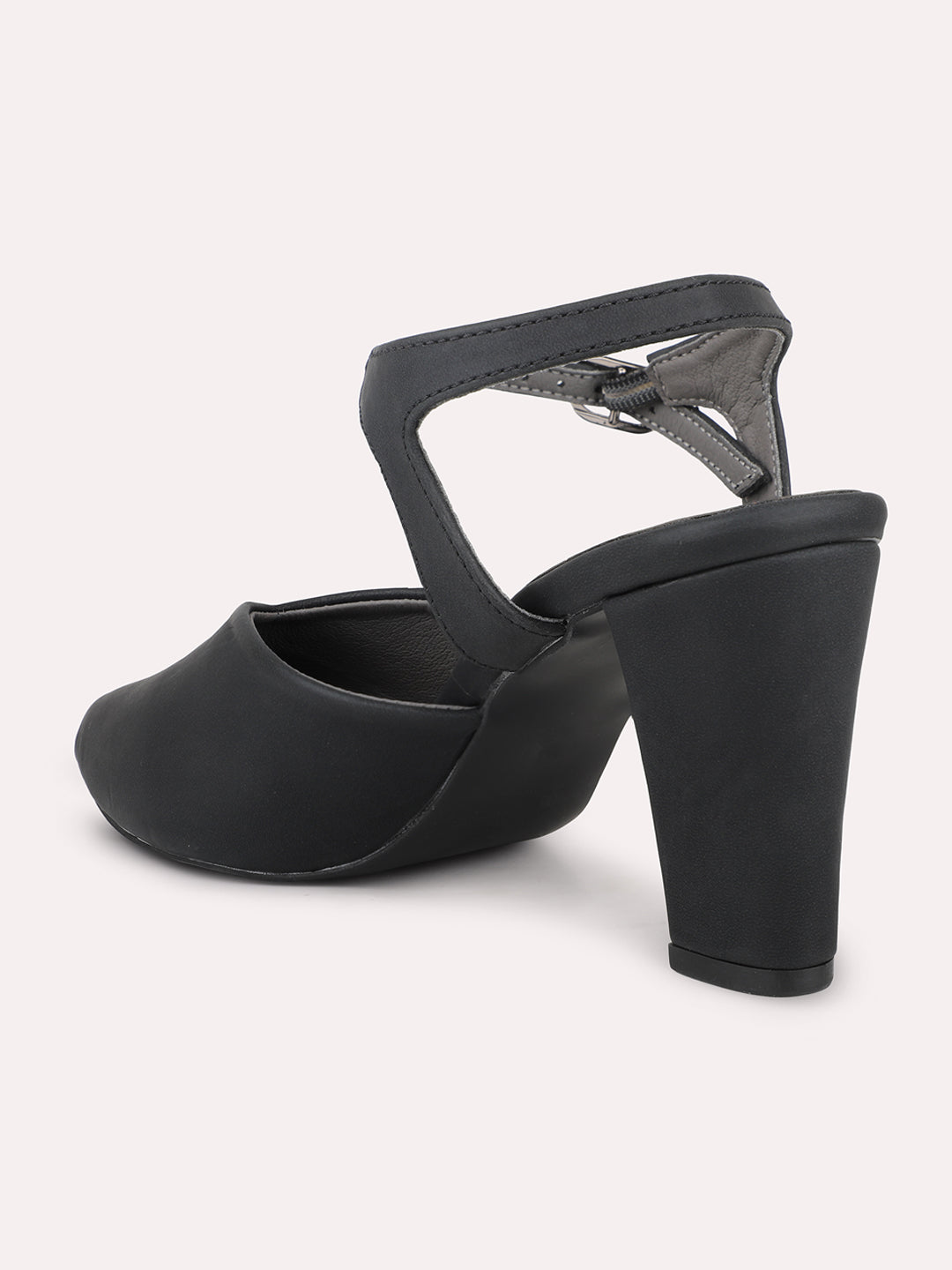 Women Black Pointed Toe Block Mules With Buckle Closure