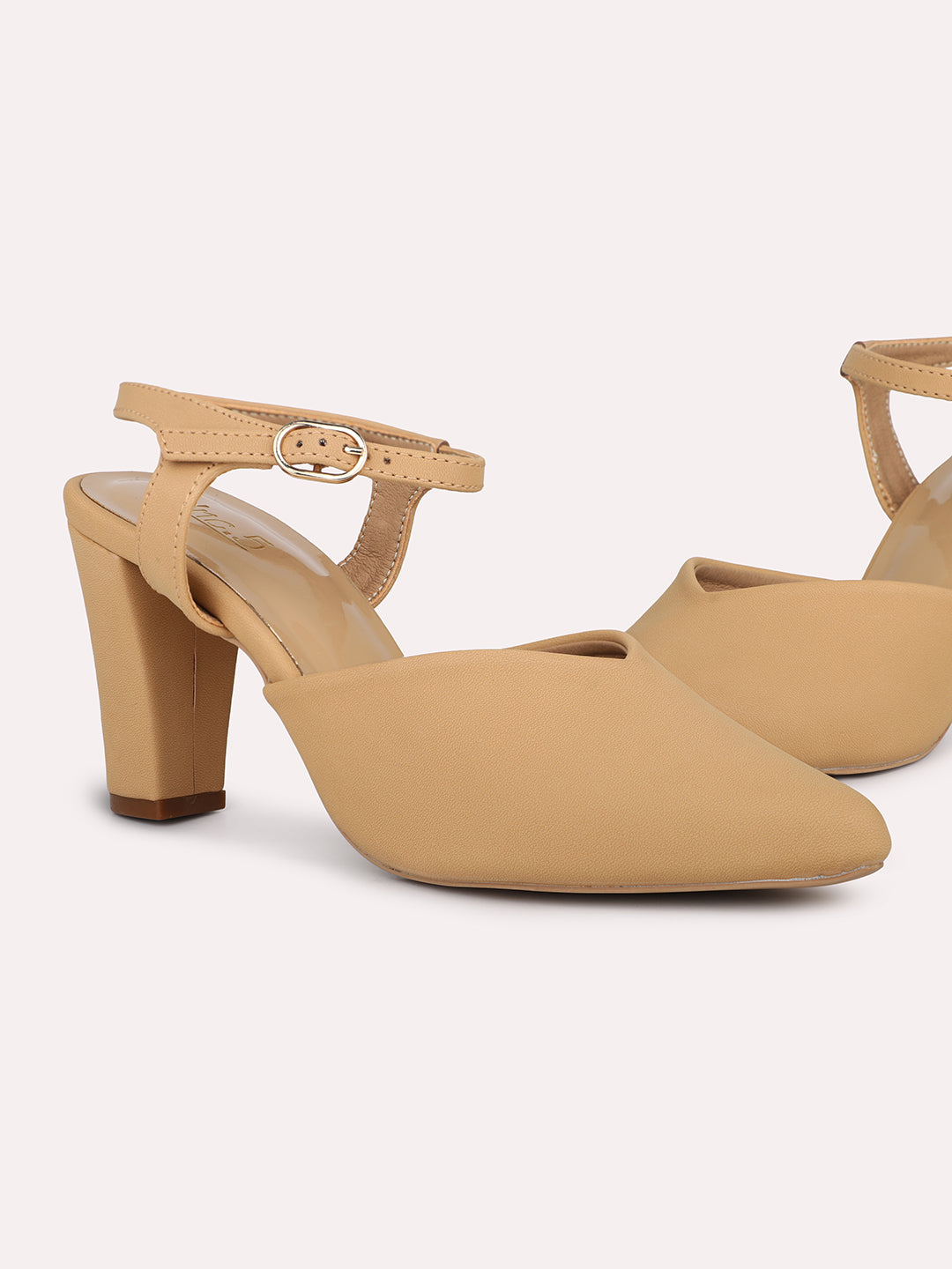 Women Beige Pointed Toe Block Mules With Buckle Closure