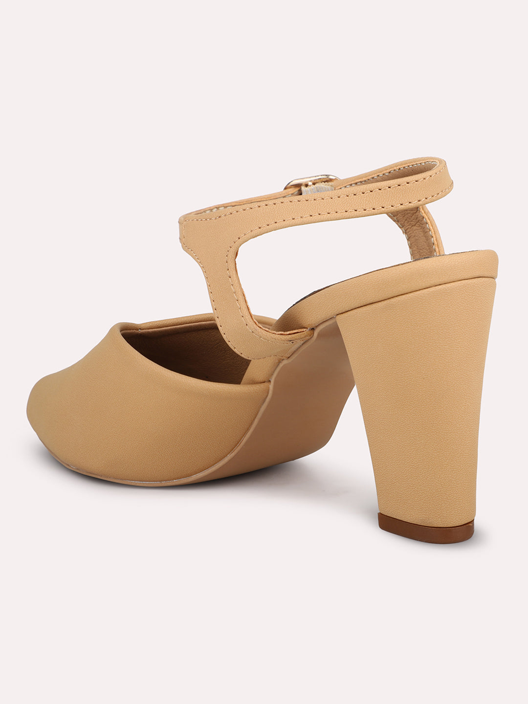 Women Beige Pointed Toe Block Mules With Buckle Closure