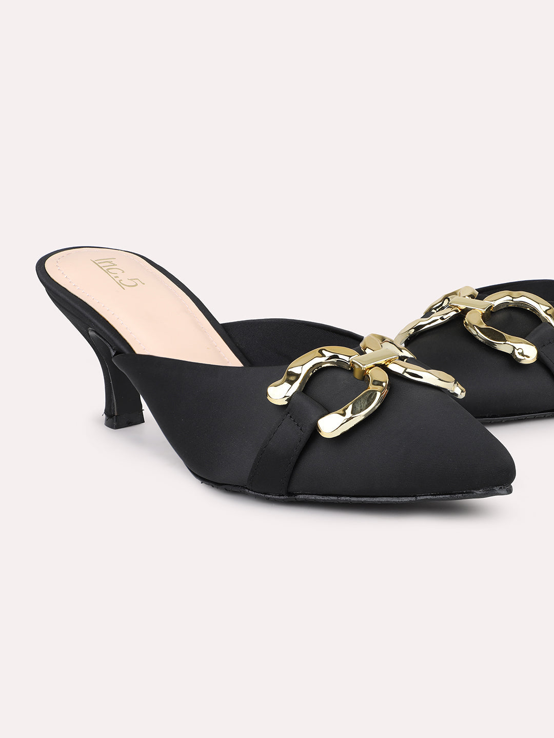 Women Black & Gold-Toned Buckle Embellished Kitten Heel Mules