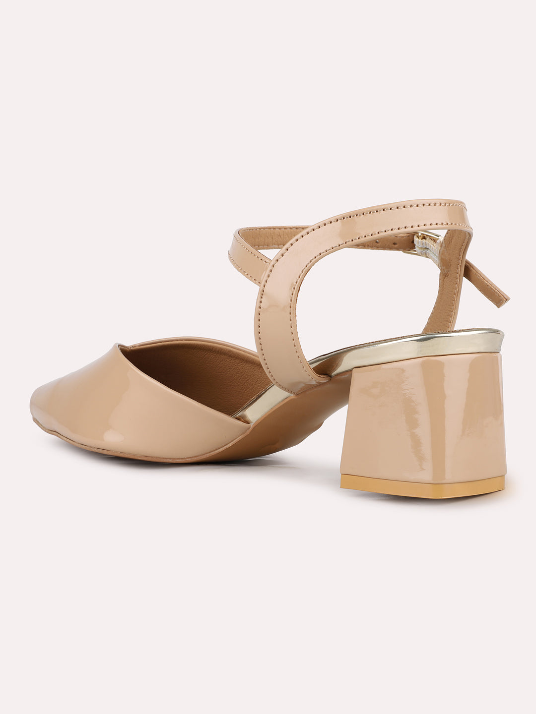 Women Beige Party Wear Solid Pointed Block Heel Mules