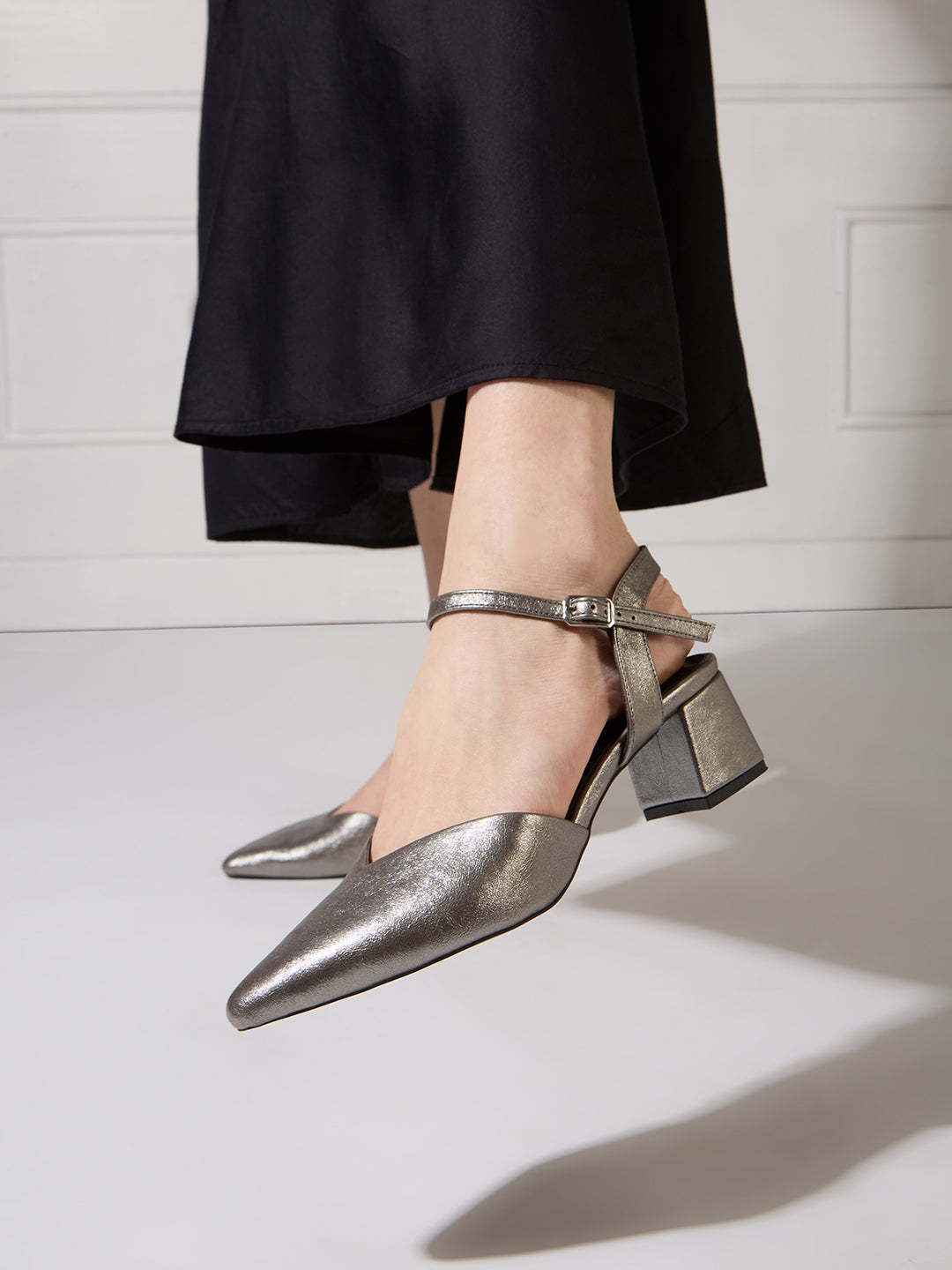 Buy Now Women Pewter Party Wear Solid Pointed Block Heel Mules