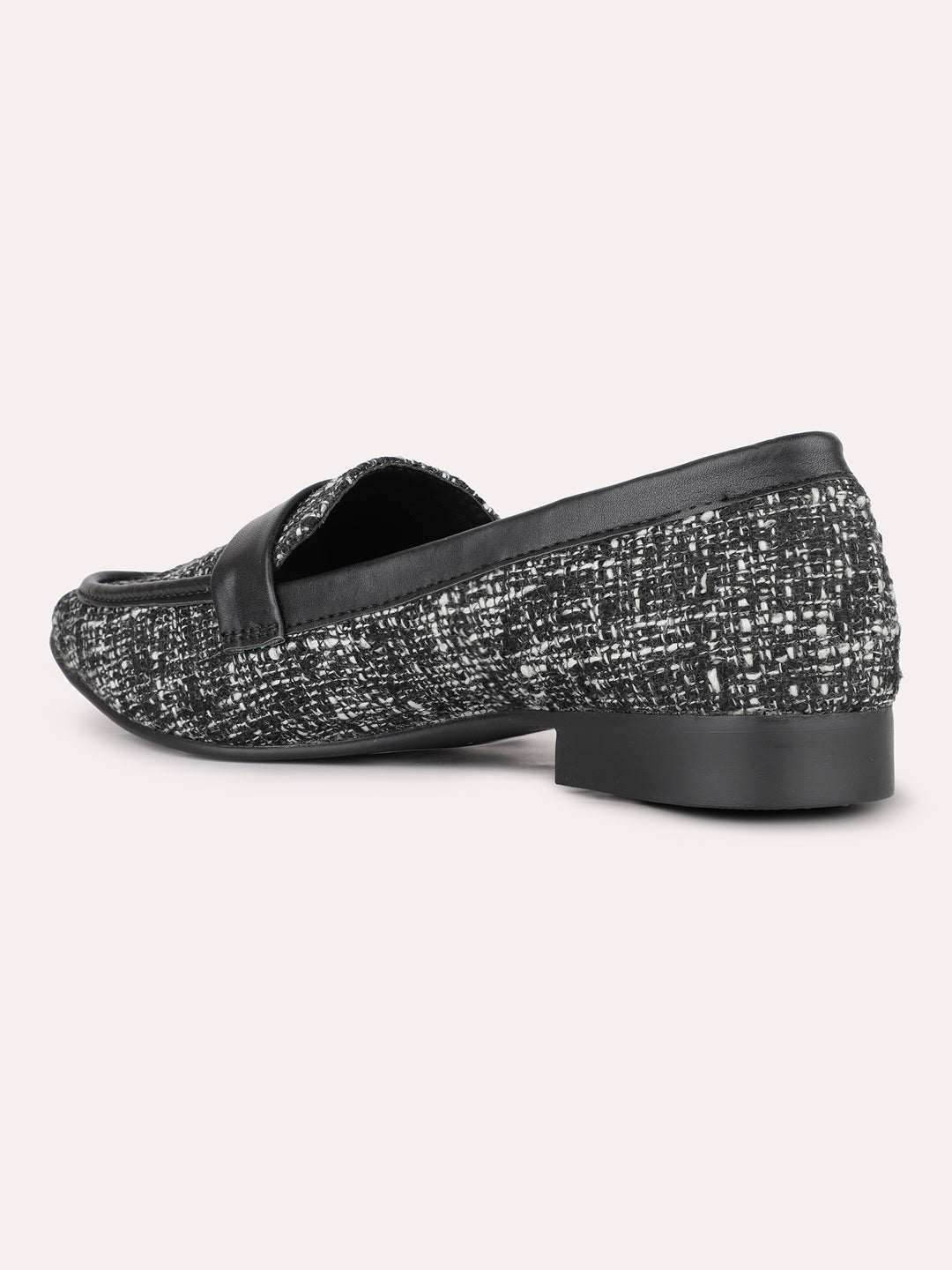 Womens Black Casual Textured Round Toe Loafers