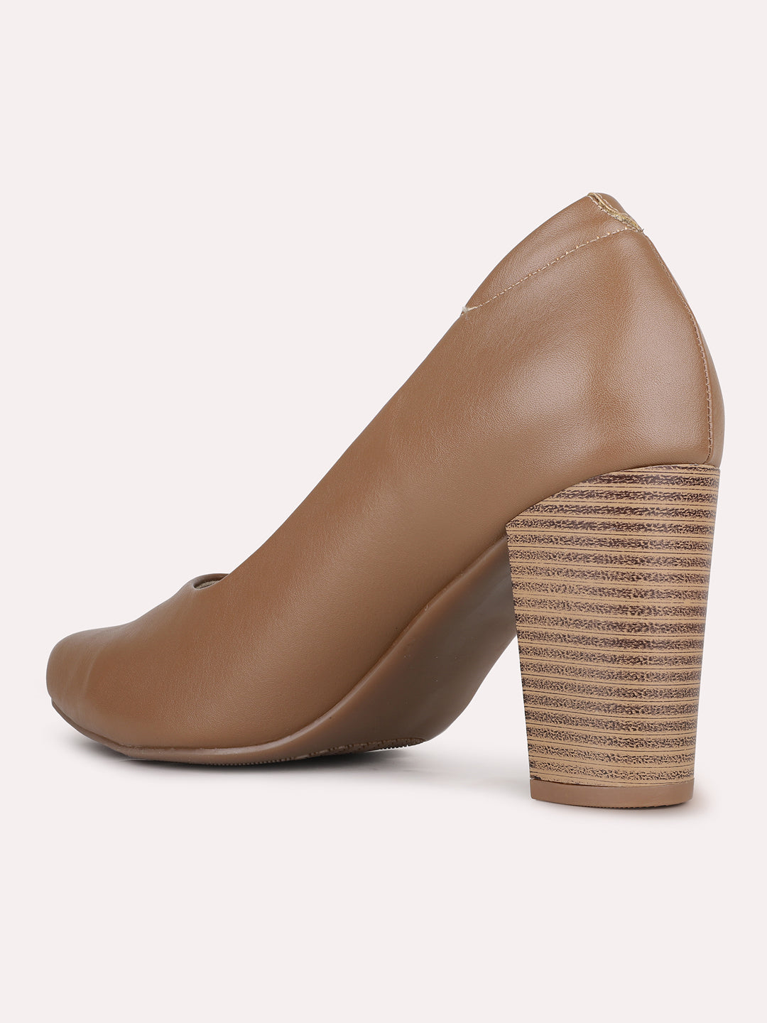 Women Tan Party Wear Solid Round Toe Block Heel Pumps