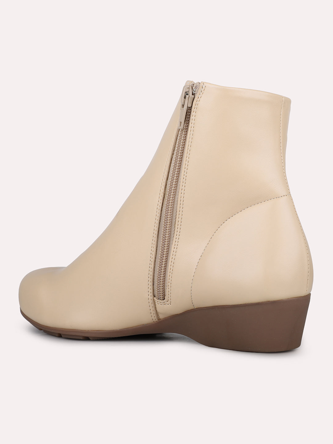Women Beige Party Wear Solid Round Toe Wedge Heel Ankle Boots