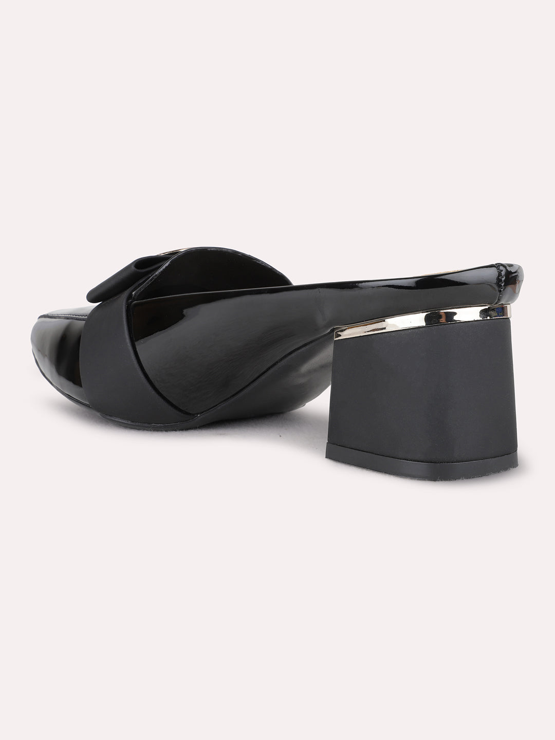 Womens Black Party Wear Solid Round Toe Block Heel Mules