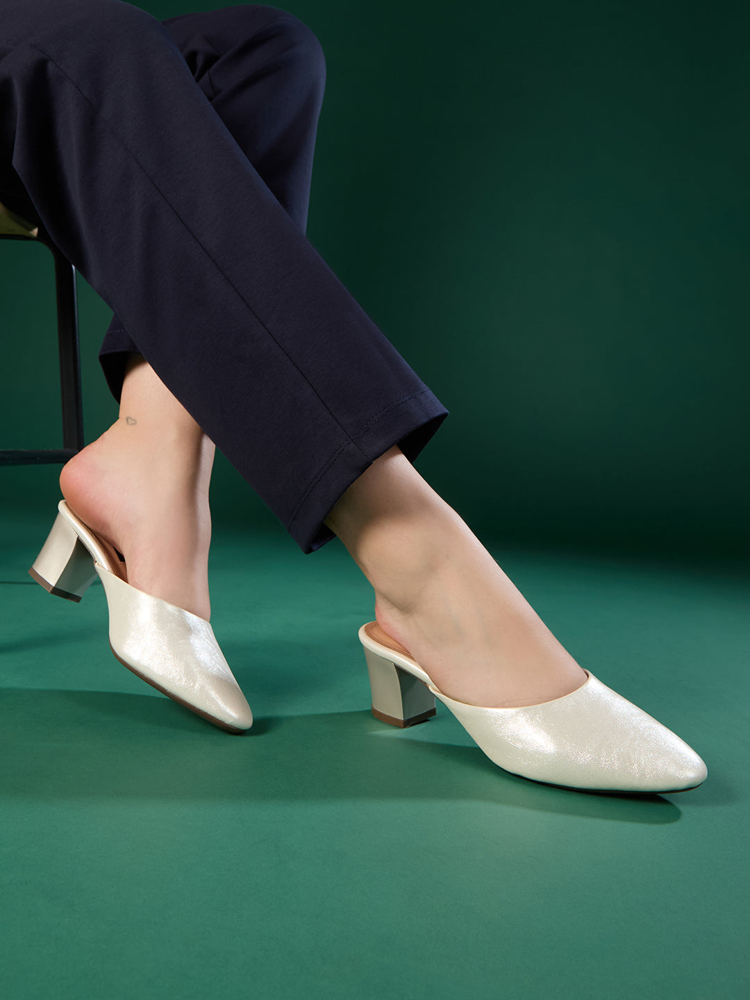 Buy Now Women Silver Party Wear Solid Pointed Block Heel Mules