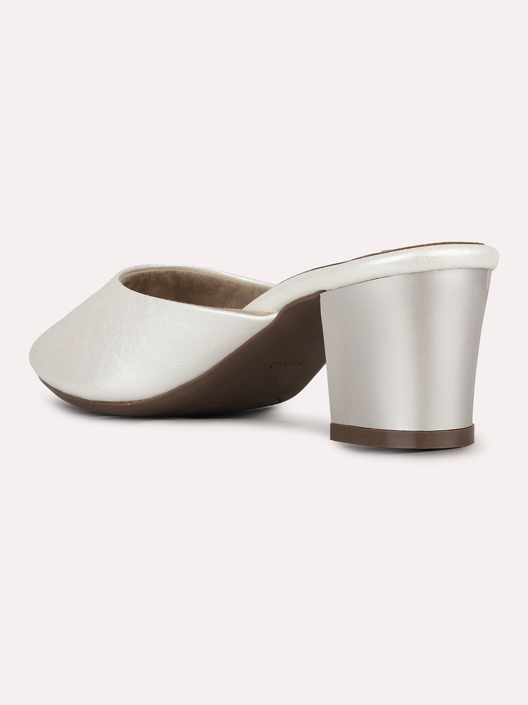 Women Silver Party Wear Solid Pointed Block Heel Mules