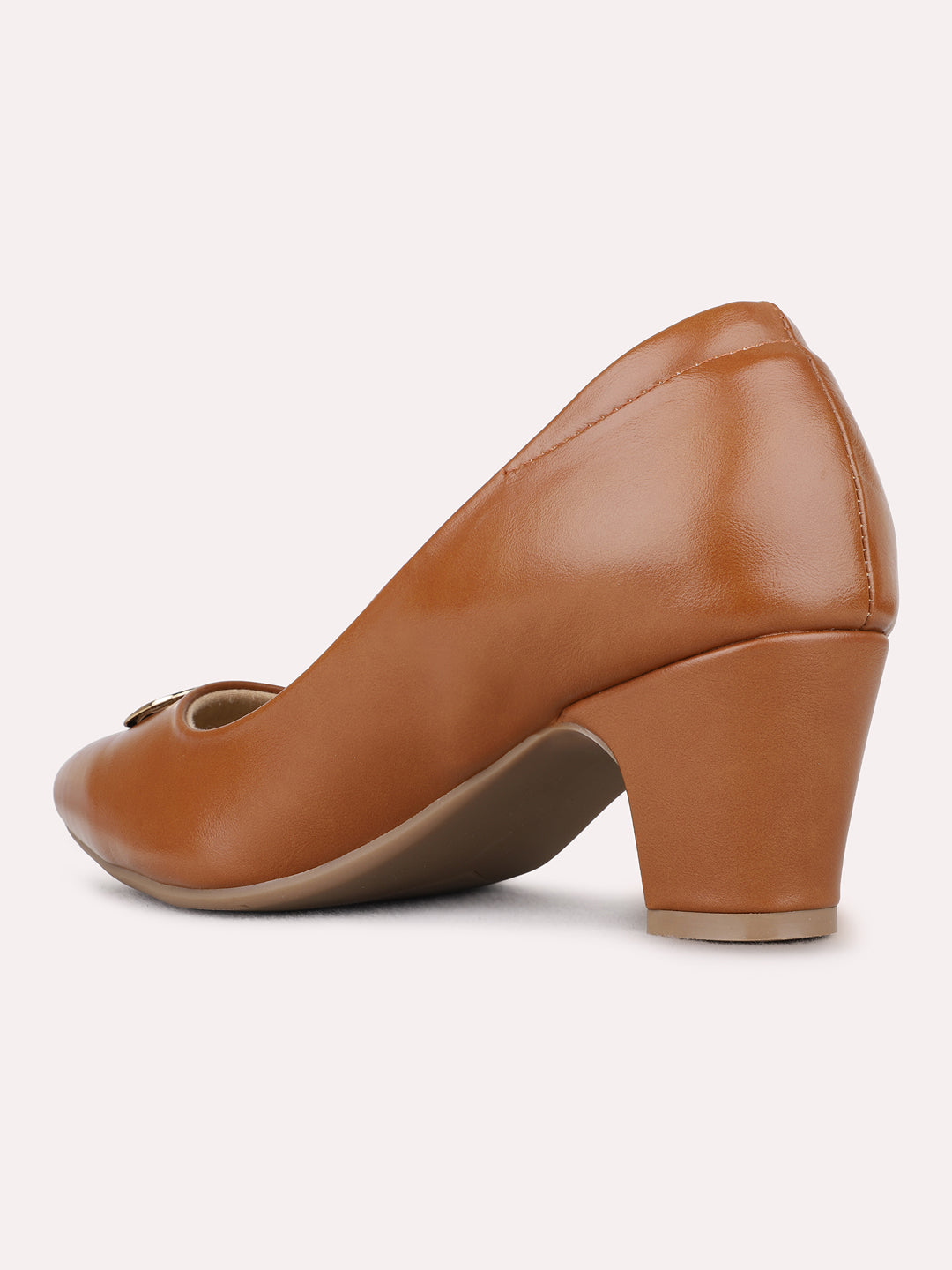 Womens Tan Party Wear Solid Pattern Pointed Toe Block Heel Pumps