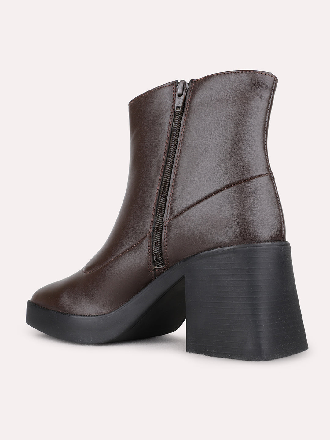 Womens Brown Casual Solid Round Toe Block Heel Boots