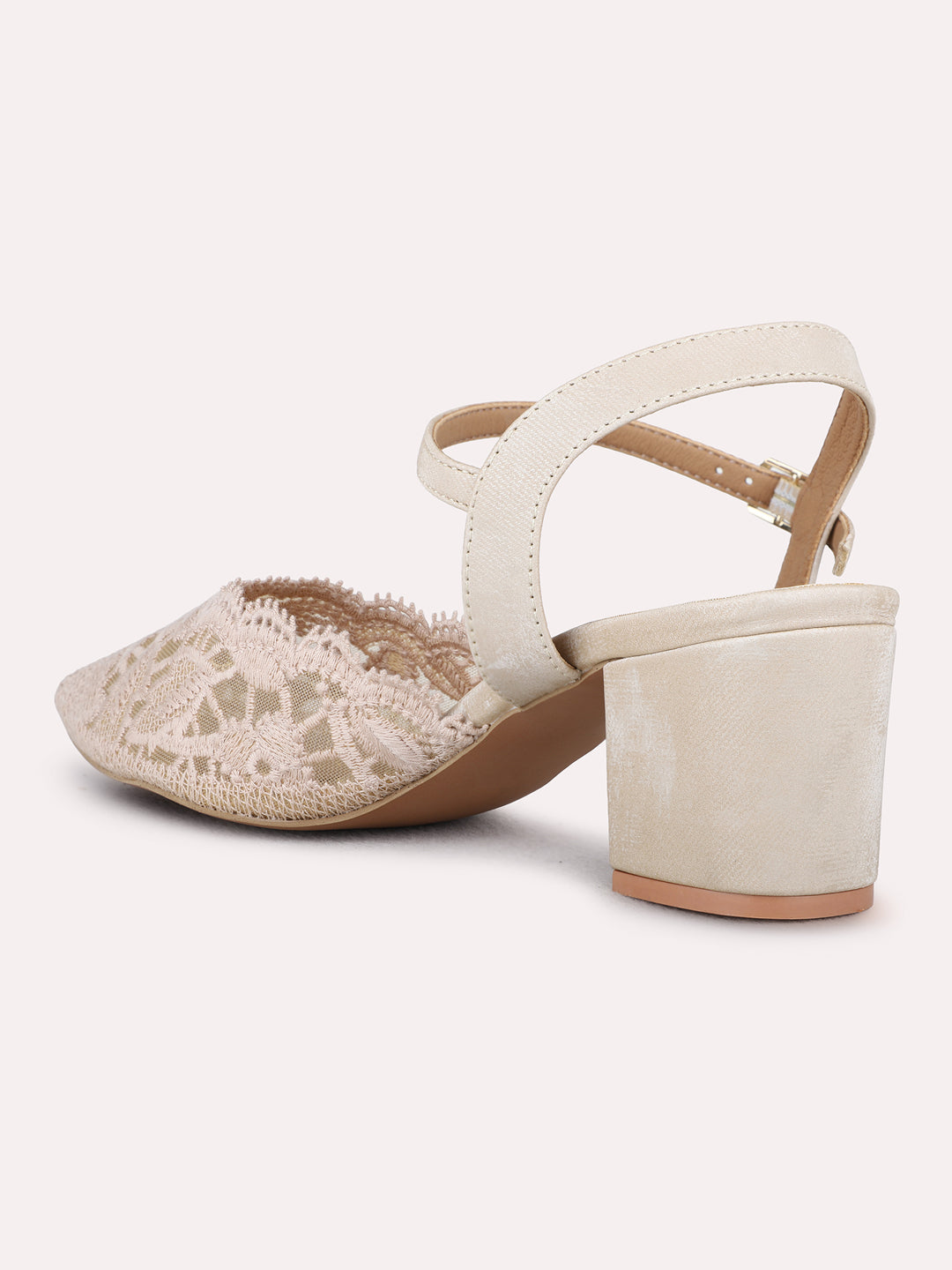 Womens Beige Party Wear Textured Pointed Toe Block Heel Mules