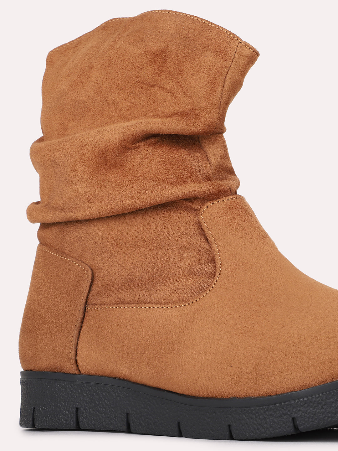 Womens Tan Casual Solid Pattern Round Toe Boots