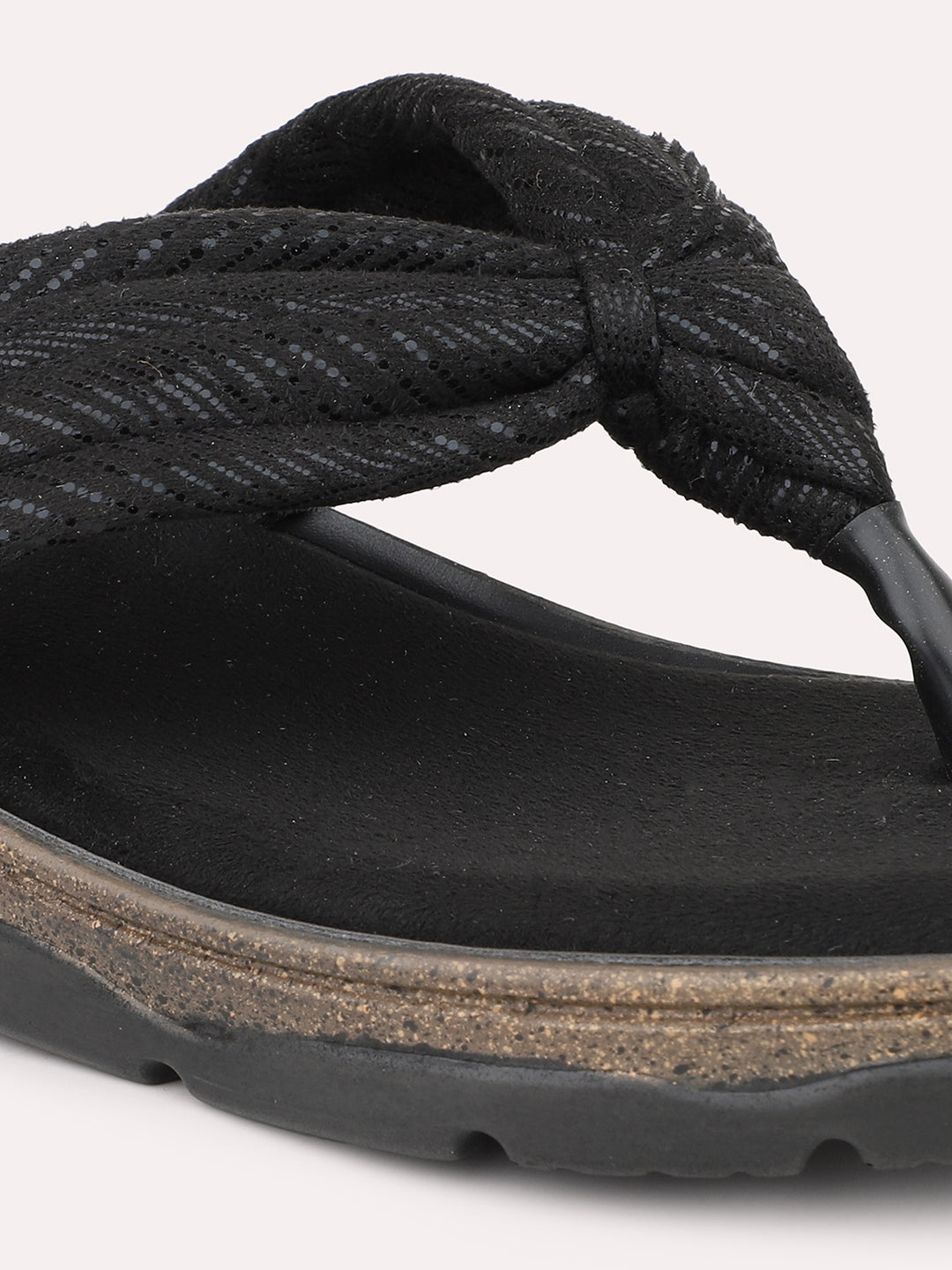 Women Black Textured Open Toe Flats